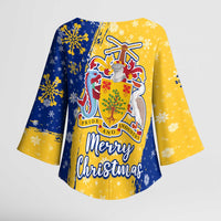 Barbados Christmas Kimono Sleeve Blouse with Blue Yellow Xmas Snowflakes Red Truck and Coat of Arms - Wonder Print Shop