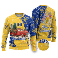 Barbados Christmas Ugly Christmas Sweater with Blue Yellow Xmas Snowflakes Red Truck and Coat of Arms - Wonder Print Shop