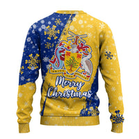 Barbados Christmas Ugly Christmas Sweater with Blue Yellow Xmas Snowflakes Red Truck and Coat of Arms - Wonder Print Shop
