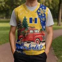 Barbados Christmas Knitted V-Neck Vest with Blue Yellow Xmas Snowflakes Red Truck and Coat of Arms - Wonder Print Shop