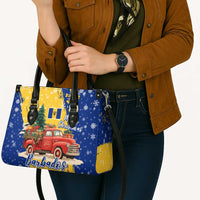 Barbados Christmas Leather Bag with Blue Yellow Xmas Snowflakes Red Truck and Coat of Arms - Wonder Print Shop