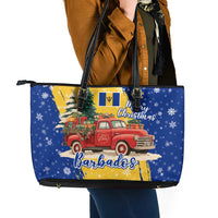 Barbados Christmas Leather Tote Bag with Blue Yellow Xmas Snowflakes Red Truck and Coat of Arms - Wonder Print Shop