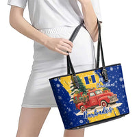 Barbados Christmas Leather Tote Bag with Blue Yellow Xmas Snowflakes Red Truck and Coat of Arms - Wonder Print Shop
