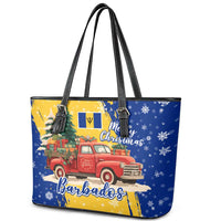 Barbados Christmas Leather Tote Bag with Blue Yellow Xmas Snowflakes Red Truck and Coat of Arms - Wonder Print Shop