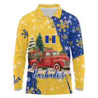 Barbados Christmas Long Sleeve Polo Shirt with Blue Yellow Xmas Snowflakes Red Truck and Coat of Arms - Wonder Print Shop