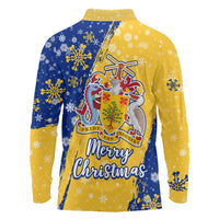 Barbados Christmas Long Sleeve Polo Shirt with Blue Yellow Xmas Snowflakes Red Truck and Coat of Arms - Wonder Print Shop