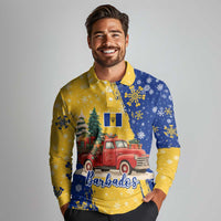 Barbados Christmas Long Sleeve Polo Shirt with Blue Yellow Xmas Snowflakes Red Truck and Coat of Arms - Wonder Print Shop