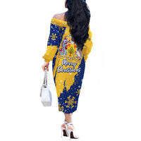 Barbados Christmas Off The Shoulder Long Sleeve Dress with Blue Yellow Xmas Snowflakes Red Truck and Coat of Arms - Wonder Print Shop