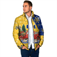 Barbados Christmas Padded Jacket with Blue Yellow Xmas Snowflakes Red Truck and Coat of Arms - Wonder Print Shop