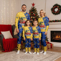 Barbados Christmas Pajama Set with Blue Yellow Xmas Snowflakes Red Truck and Coat of Arms - Wonder Print Shop