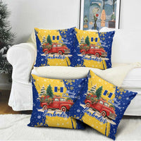 Barbados Christmas Pillow Cover with Blue Yellow Xmas Snowflakes Red Truck and Coat of Arms - Wonder Print Shop