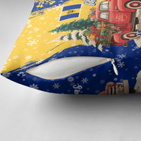Barbados Christmas Pillow Cover with Blue Yellow Xmas Snowflakes Red Truck and Coat of Arms - Wonder Print Shop