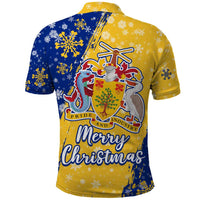Barbados Christmas Polo Shirt with Blue Yellow Xmas Snowflakes Red Truck and Coat of Arms - Wonder Print Shop