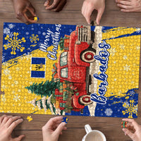 Barbados Christmas Puzzle with Blue Yellow Xmas Snowflakes Red Truck and Coat of Arms - Wonder Print Shop