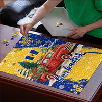 Barbados Christmas Puzzle with Blue Yellow Xmas Snowflakes Red Truck and Coat of Arms - Wonder Print Shop