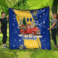 Barbados Christmas Quilt with Blue Yellow Xmas Snowflakes Red Truck and Coat of Arms - Wonder Print Shop