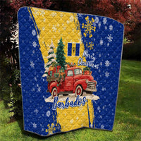 Barbados Christmas Quilt with Blue Yellow Xmas Snowflakes Red Truck and Coat of Arms - Wonder Print Shop