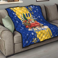 Barbados Christmas Quilt with Blue Yellow Xmas Snowflakes Red Truck and Coat of Arms - Wonder Print Shop