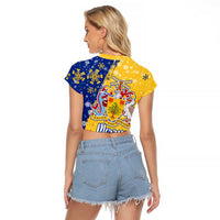 Barbados Christmas Raglan Cropped T Shirt with Blue Yellow Xmas Snowflakes Red Truck and Coat of Arms - Wonder Print Shop
