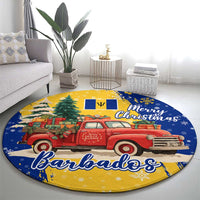 Barbados Christmas Round Carpet with Blue Yellow Xmas Snowflakes Red Truck and Coat of Arms - Wonder Print Shop
