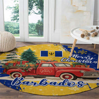 Barbados Christmas Round Carpet with Blue Yellow Xmas Snowflakes Red Truck and Coat of Arms - Wonder Print Shop
