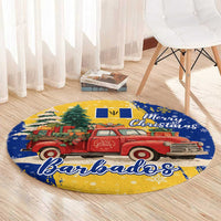 Barbados Christmas Round Carpet with Blue Yellow Xmas Snowflakes Red Truck and Coat of Arms - Wonder Print Shop