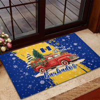 Barbados Christmas Rubber Doormat with Blue Yellow Xmas Snowflakes Red Truck and Coat of Arms - Wonder Print Shop