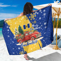Barbados Christmas Sarong with Blue Yellow Xmas Snowflakes Red Truck and Coat of Arms - Wonder Print Shop