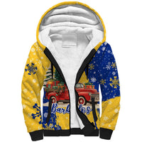 Barbados Christmas Sherpa Hoodie with Blue Yellow Xmas Snowflakes Red Truck and Coat of Arms - Wonder Print Shop