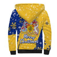 Barbados Christmas Sherpa Hoodie with Blue Yellow Xmas Snowflakes Red Truck and Coat of Arms - Wonder Print Shop