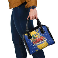 Barbados Christmas Shoulder Handbag with Blue Yellow Xmas Snowflakes Red Truck and Coat of Arms - Wonder Print Shop