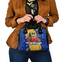 Barbados Christmas Shoulder Handbag with Blue Yellow Xmas Snowflakes Red Truck and Coat of Arms - Wonder Print Shop
