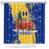 Barbados Christmas Shower Curtain with Blue Yellow Xmas Snowflakes Red Truck and Coat of Arms - Wonder Print Shop