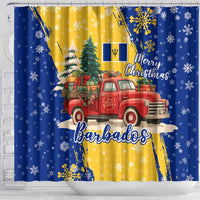 Barbados Christmas Shower Curtain with Blue Yellow Xmas Snowflakes Red Truck and Coat of Arms - Wonder Print Shop