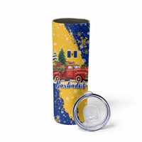 Barbados Christmas Skinny Tumbler with Blue Yellow Xmas Snowflakes Red Truck and Coat of Arms - Wonder Print Shop