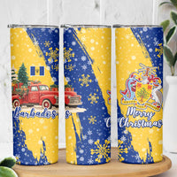 Barbados Christmas Skinny Tumbler with Blue Yellow Xmas Snowflakes Red Truck and Coat of Arms - Wonder Print Shop