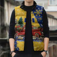 Barbados Christmas Sleeveless Puffer Jacket with Blue Yellow Xmas Snowflakes Red Truck and Coat of Arms - Wonder Print Shop