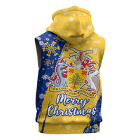 Barbados Christmas Sleeveless Zip Hoodie with Blue Yellow Xmas Snowflakes Red Truck and Coat of Arms - Wonder Print Shop