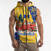 Barbados Christmas Sleeveless Zip Hoodie with Blue Yellow Xmas Snowflakes Red Truck and Coat of Arms - Wonder Print Shop
