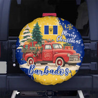 Barbados Christmas Spare Tire Cover with Blue Yellow Xmas Snowflakes Red Truck and Coat of Arms - Wonder Print Shop
