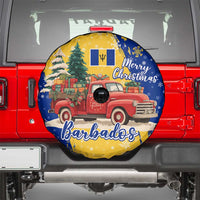 Barbados Christmas Spare Tire Cover with Blue Yellow Xmas Snowflakes Red Truck and Coat of Arms - Wonder Print Shop