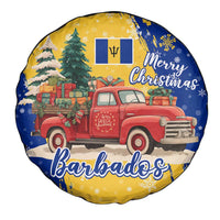 Barbados Christmas Spare Tire Cover with Blue Yellow Xmas Snowflakes Red Truck and Coat of Arms - Wonder Print Shop