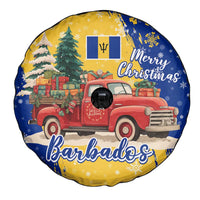 Barbados Christmas Spare Tire Cover with Blue Yellow Xmas Snowflakes Red Truck and Coat of Arms - Wonder Print Shop