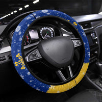 Barbados Christmas Steering Wheel Cover with Blue Yellow Xmas Snowflakes Red Truck and Coat of Arms - Wonder Print Shop