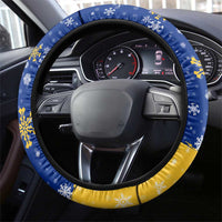 Barbados Christmas Steering Wheel Cover with Blue Yellow Xmas Snowflakes Red Truck and Coat of Arms - Wonder Print Shop