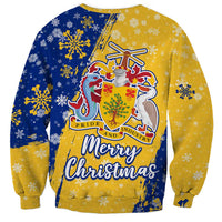 Barbados Christmas Sweatshirt with Blue Yellow Xmas Snowflakes Red Truck and Coat of Arms - Wonder Print Shop