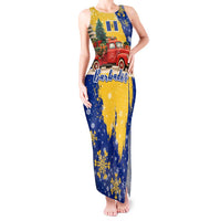 Barbados Christmas Tank Maxi Dress with Blue Yellow Xmas Snowflakes Red Truck and Coat of Arms - Wonder Print Shop