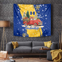 Barbados Christmas Tapestry with Blue Yellow Xmas Snowflakes Red Truck and Coat of Arms - Wonder Print Shop