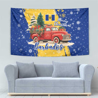 Barbados Christmas Tapestry with Blue Yellow Xmas Snowflakes Red Truck and Coat of Arms - Wonder Print Shop