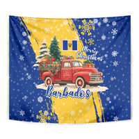 Barbados Christmas Tapestry with Blue Yellow Xmas Snowflakes Red Truck and Coat of Arms - Wonder Print Shop